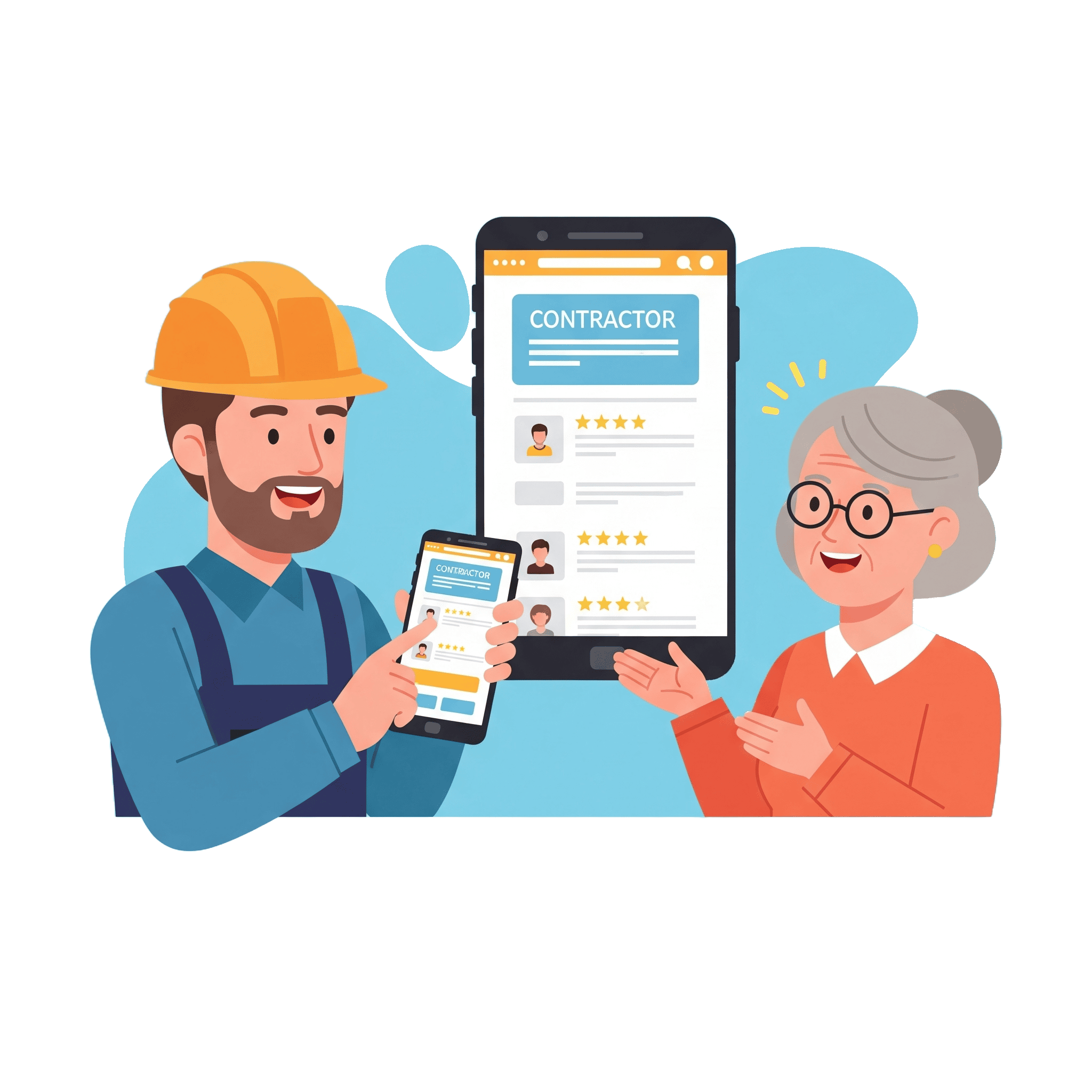 Contractor showing professional website to satisfied customer