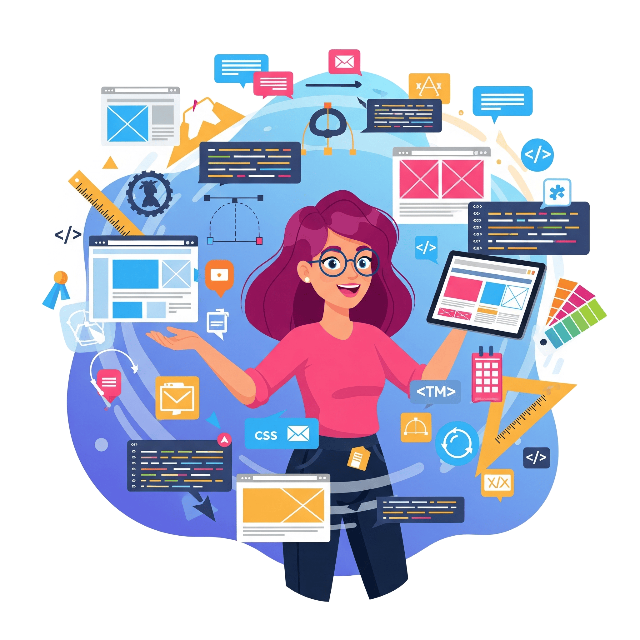 Creative web designer working on multiple projects illustration