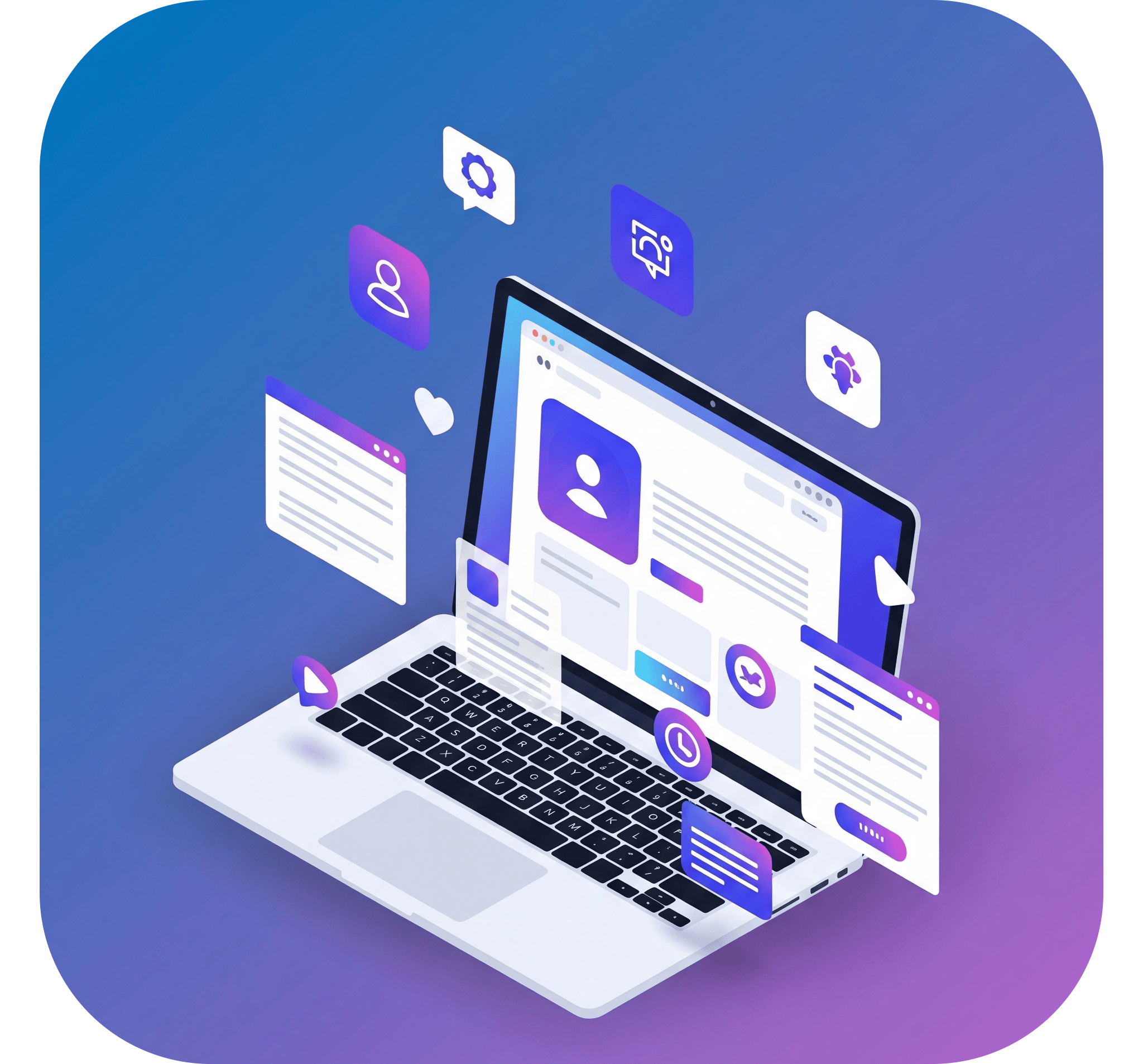 Modern website design on laptop with floating UI elements